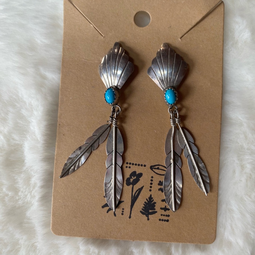 2.25” Sterling Silver Turquoise Feather Drop Earrings - Blue